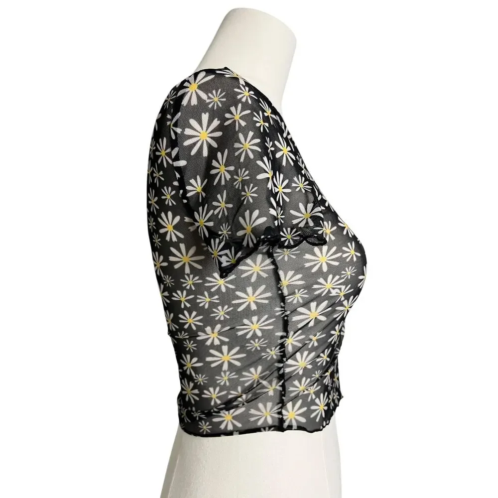 H&M Divided Mesh Crop T-Shirt Teens Small Black Daisy Floral Sheer Festival - Picture 3 of 7